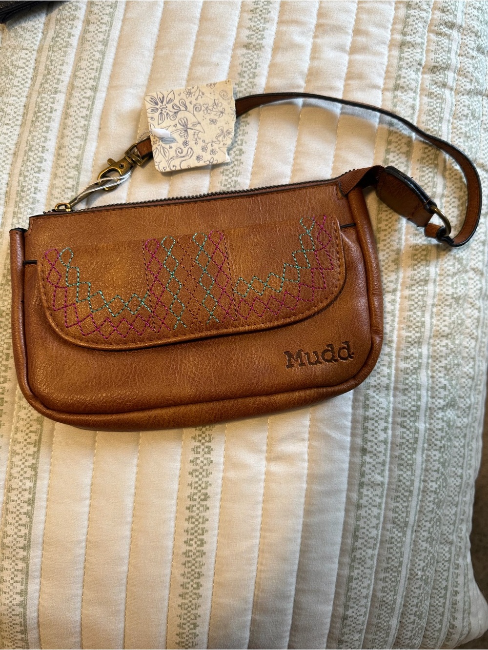 Mudd Brown Embroidered Wristlet with Teal and Pink Accents